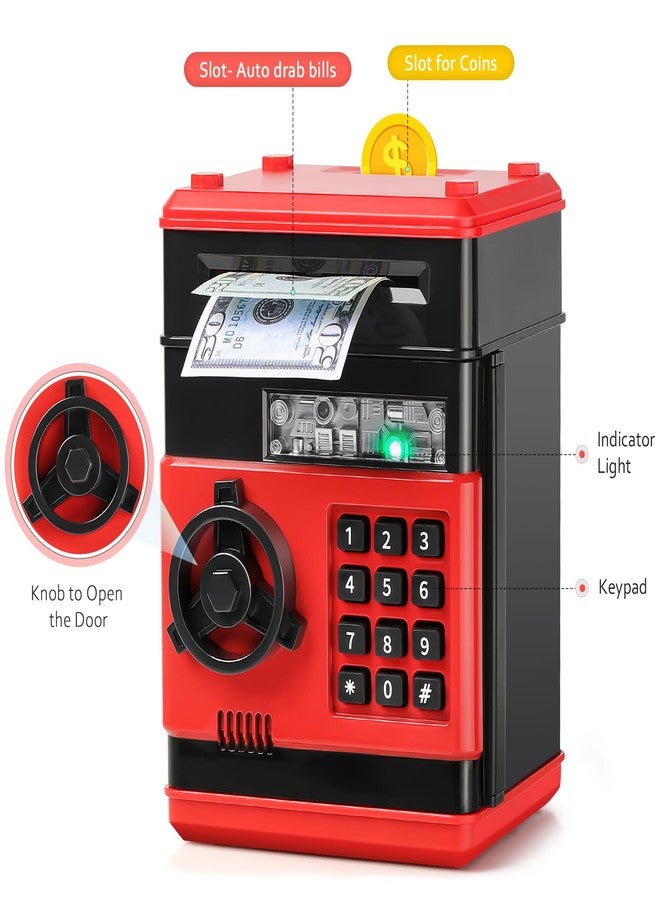 Vcertcpl ATM Piggy Bank for Boys Girls, Vcertcpl Mini ATM Coin Bank Money Saving Box with Password, Kids Safe Money Jar for Adults with Auto Grab Bill Slot, Great Gift Toy Bank for Kids (RedBlack 02) - Image 3